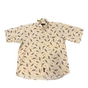Timberland Button Down cotton Short Sleeve Tan Fish Print Casual Shirt Mens XL